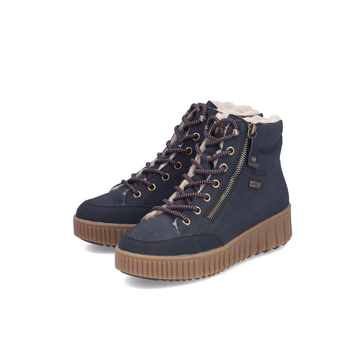 Blue pair of lace-up ankle boots with side zipper and rugged rubber outsole
