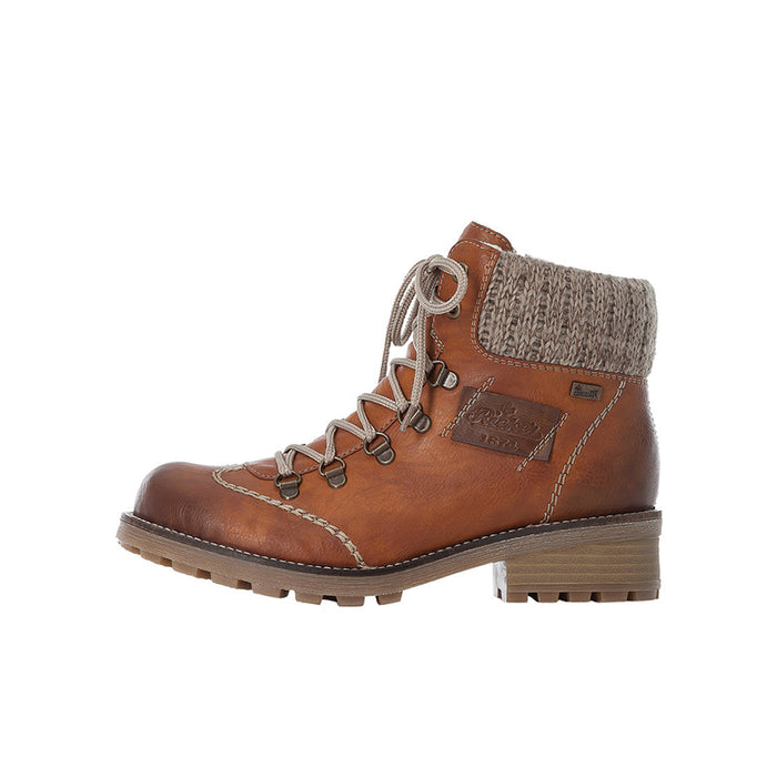 Rieker brown ankle boots with gray knit collar, lace-up front, and tread sole