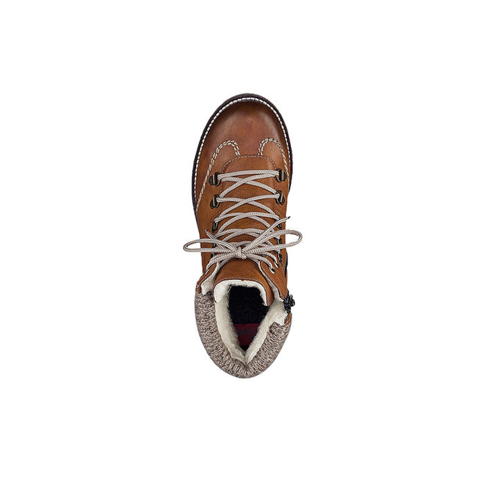 Rieker brown boot opening with lace-up front and gray knit lining