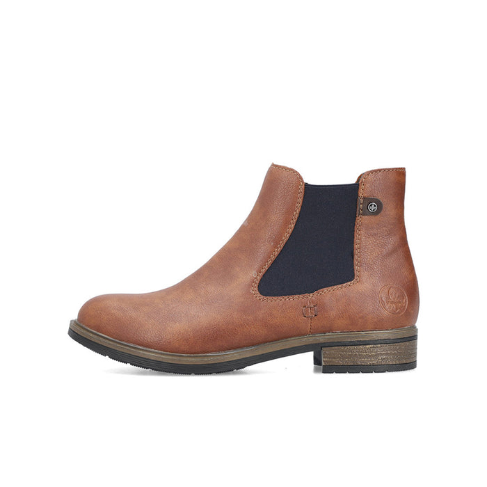 Brown Chelsea boots with elastic side panels, pull-on fit, and textured sole