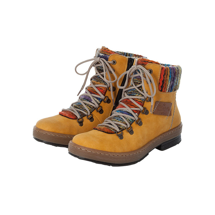 Brown lace-up winter boots with striped knit cuff and textured rubber sole