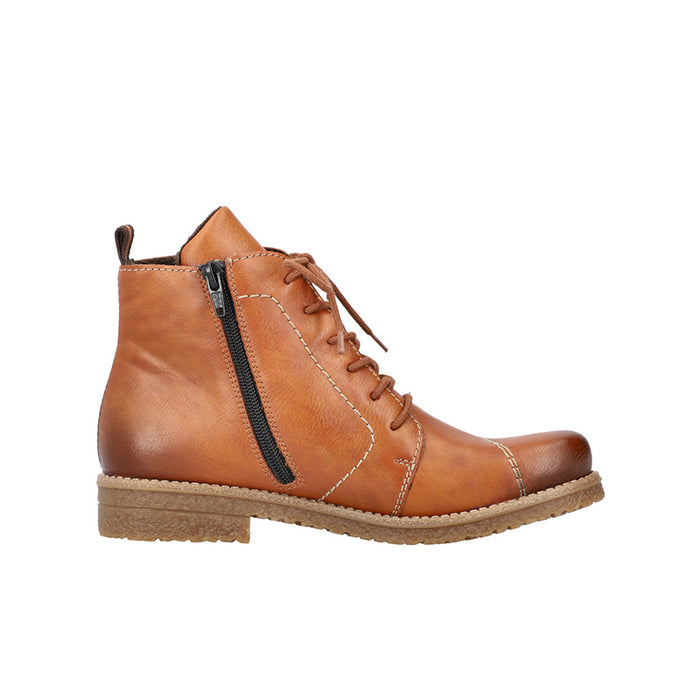 Brown leather lace-up ankle boots with side zipper and cushioned sole