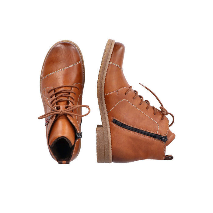 Brown leather lace-up ankle boots, rounded toe and side zipper detail
