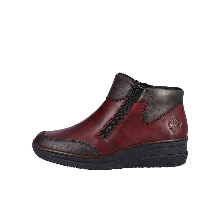 Dark red leather ankle boots with side zipper, elastic gore, and logo patch