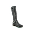 Black leather knee-high boots with two side buckles and low block heel