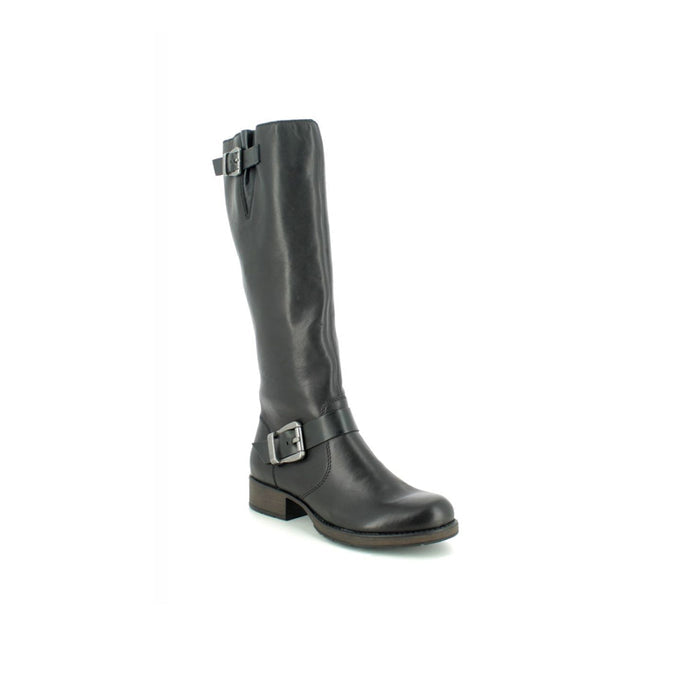 Black leather knee-high boots with two side buckles and low block heel