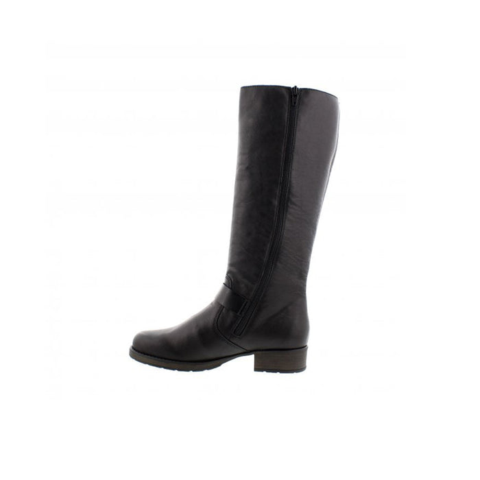 Black leather knee-high boots with front seam and low block heel