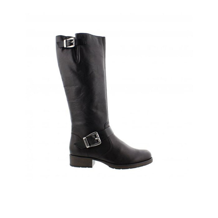 Black leather knee-high boots with two strap buckles and low block heel