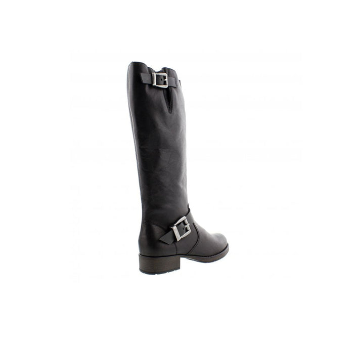 Black leather knee-high boots with ankle buckle strap and low block heel