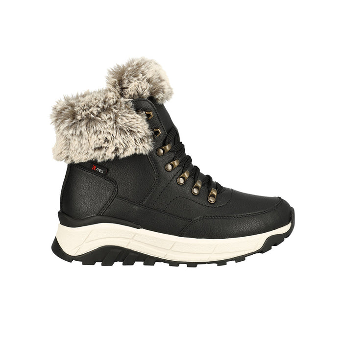 Black winter snow boot with faux fur cuff, lace-up, and chunky white sole.