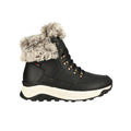 Black winter snow boot with faux fur cuff, lace-up, and chunky white sole.