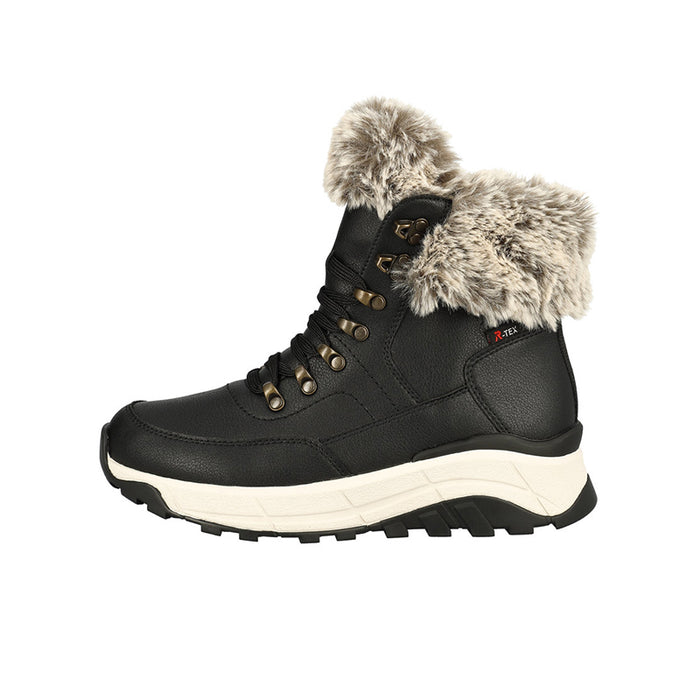 Black winter snow boot with faux fur collar, lace-up, and thick sole.