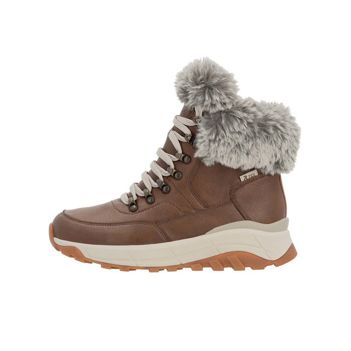 Brown winter snow boot with faux fur collar, lace-up, and thick sole.