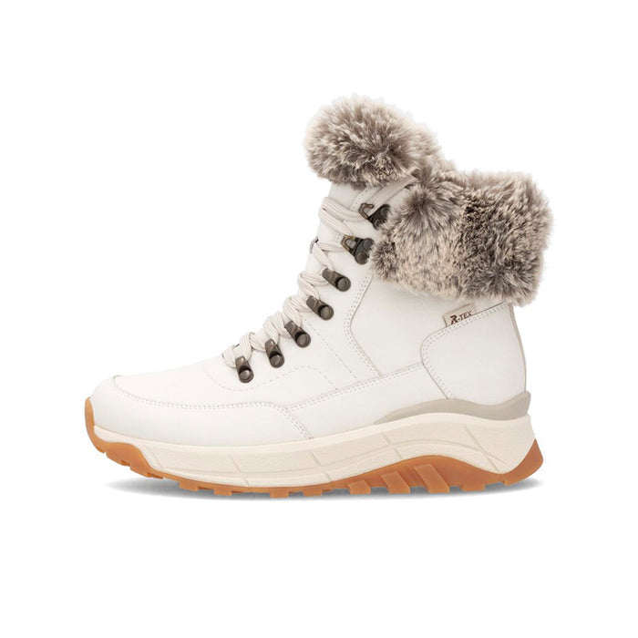 White winter snow boot with faux fur collar, lace-up, and thick sole.