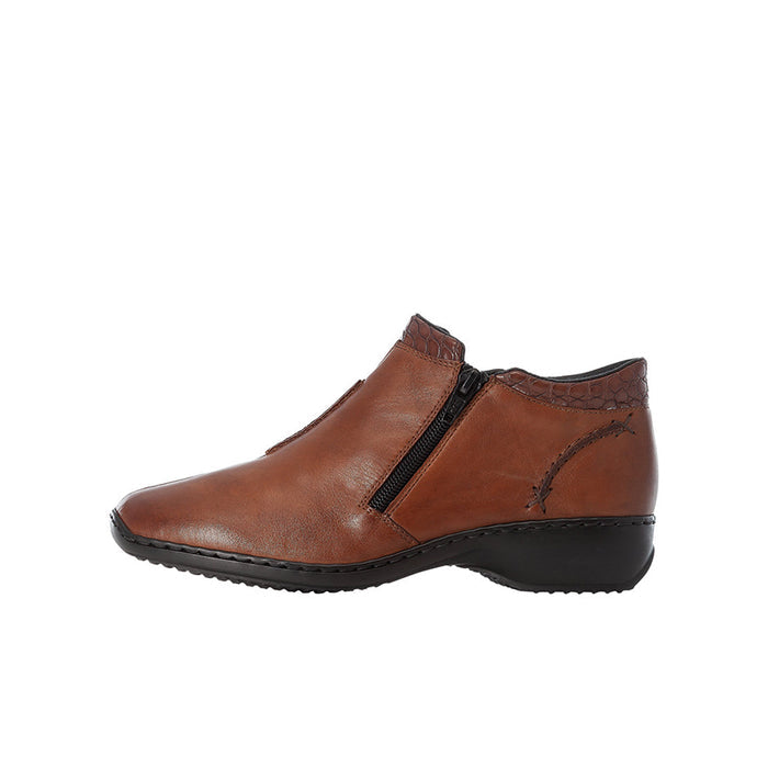 Tan leather zip ankle boots with side zipper and stitched detail