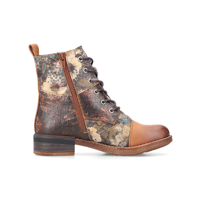 Multicolor ankle boot with lace-up front, side zipper, and brown outsole