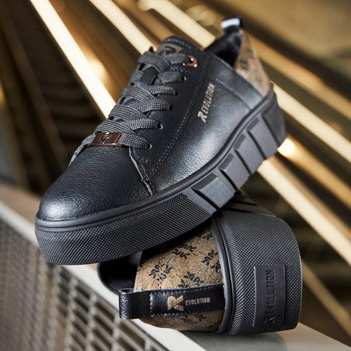 Black leather-look sneaker with lace-up front and chunky tread outsole