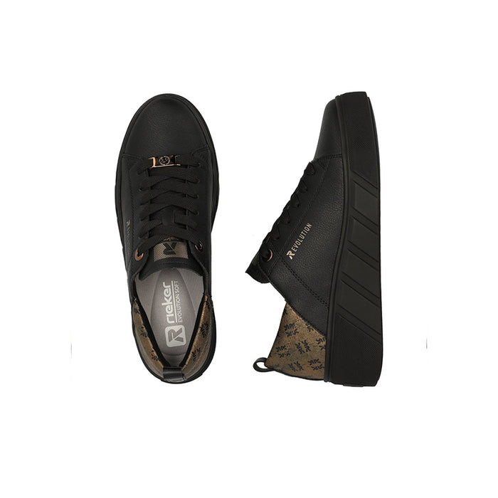 Black lace-up sneakers with brown patterned lining and heel pull tab