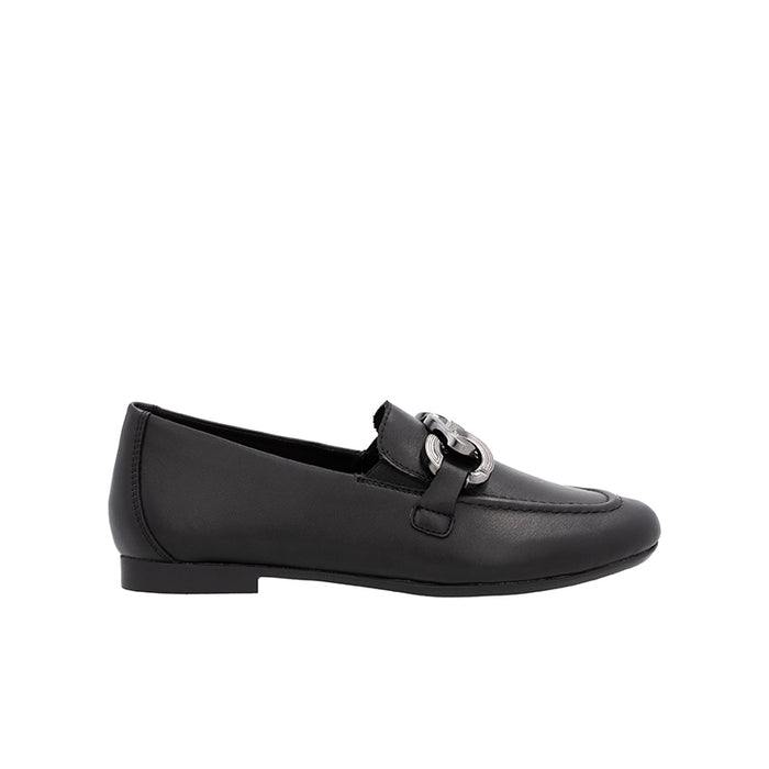 Black women's loafer shoes with metal buckle strap and slip-on design