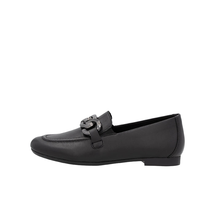 Black loafer shoes, side view, with metal buckle detail on strap