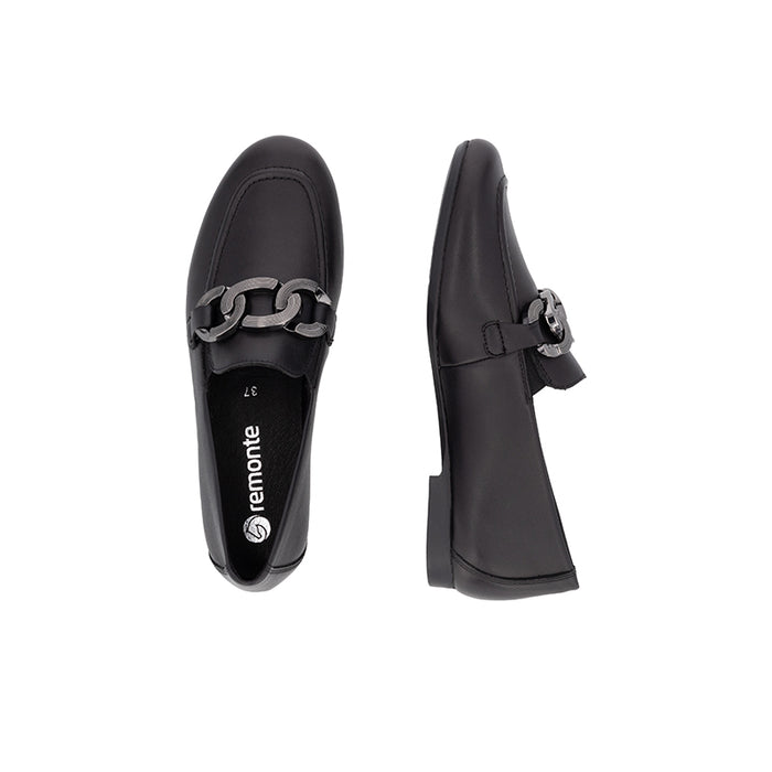 Black loafer shoes, pair view, with metal buckle strap and low heel