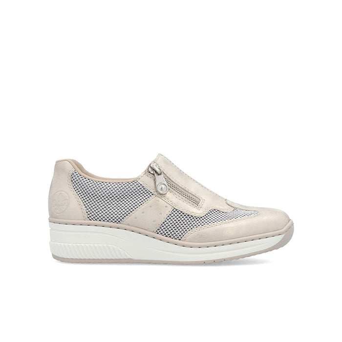Beige low-top loafers with side zipper and breathable mesh side panels