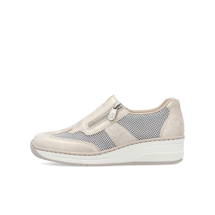 Beige low-top slip-on loafers with mesh inserts and textured upper