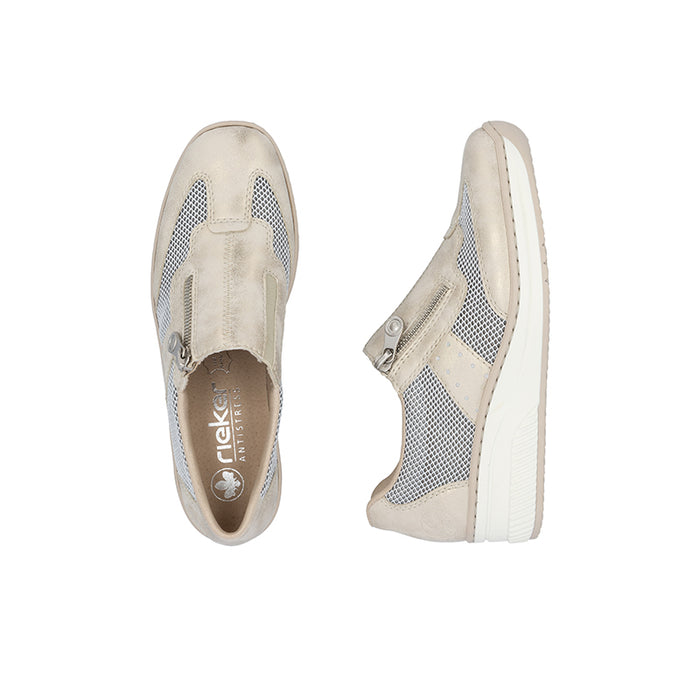 Beige low-top loafers with mesh panels, perforated detailing, and cushioned collar