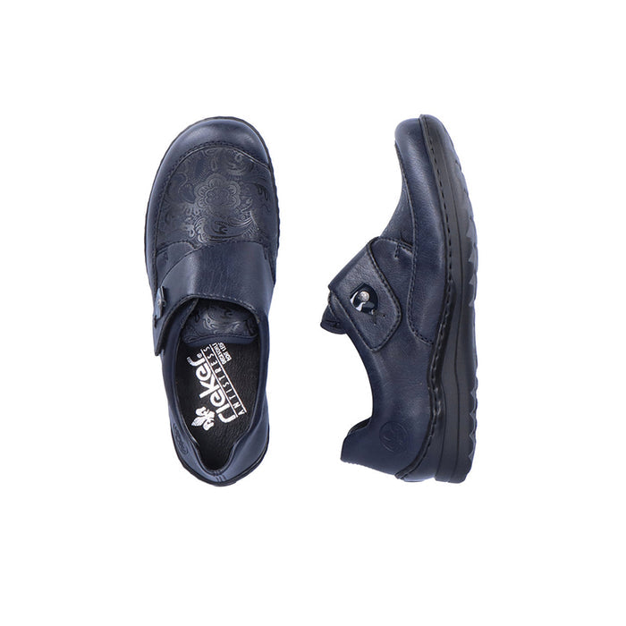 Women's blue loafers, side and top views with hook-and-loop strap