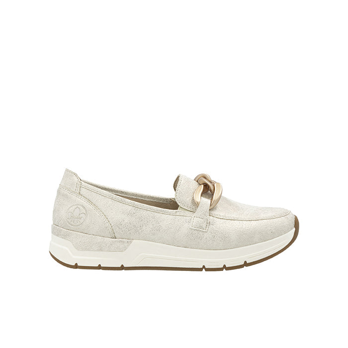 Cream suede-look loafers with chain-strap detail and rubber tread sole