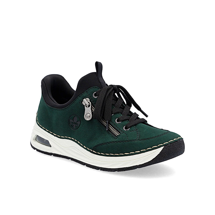 Women's dark green slip-on loafers with lace-up and cushioned white sole