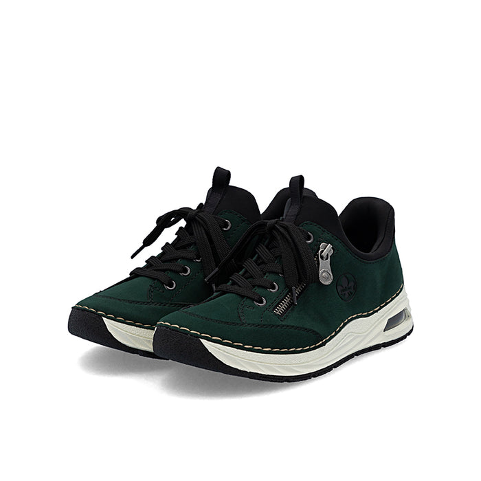 Women's dark green lace-up casual loafers with black laces and white sole