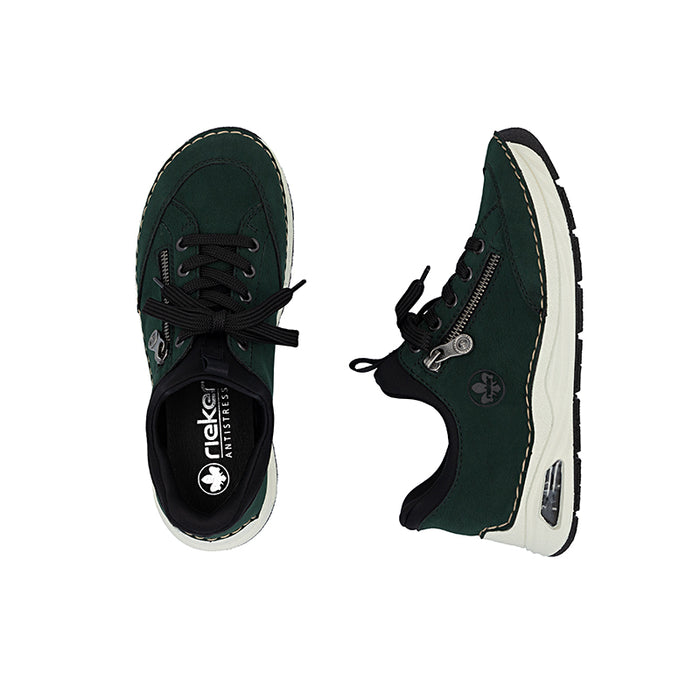 Women's dark green loafers, front and side view, with black laces and zip pull tab