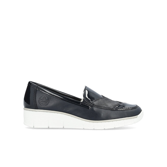 Dark blue leather-look slip-on loafers with white sole and strap detail