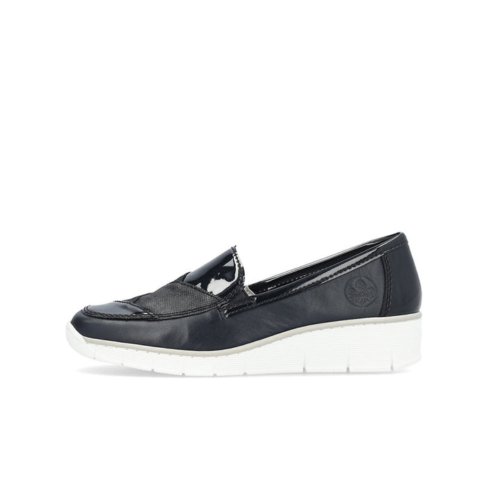 Black leather-look slip-on loafer with embossed emblem and white sole edge