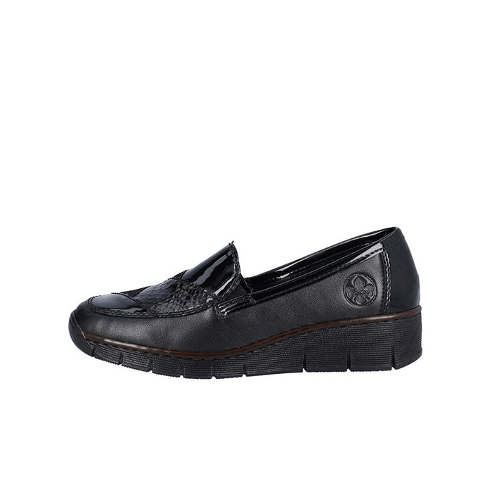 Dark leather-look slip-on loafers with stitched strap and chunky tread sole
