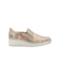 Rieker women’s slip-on loafers with gold-pink glitter upper and white cushioned sole