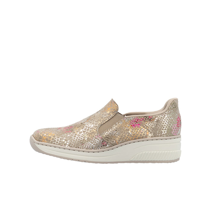 Rieker women’s slip-on loafers, gold-pink glitter upper with side gore, white sole