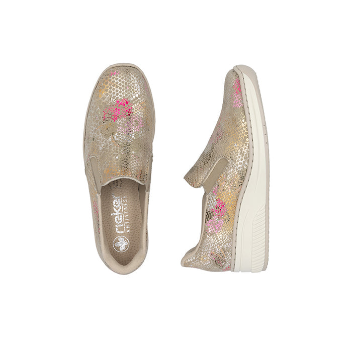Rieker slip-on loafers with gold-pink glitter upper, side gore, low white sole