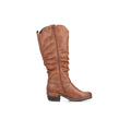 Brown mid-calf zip boots with slouch shaft and block heel