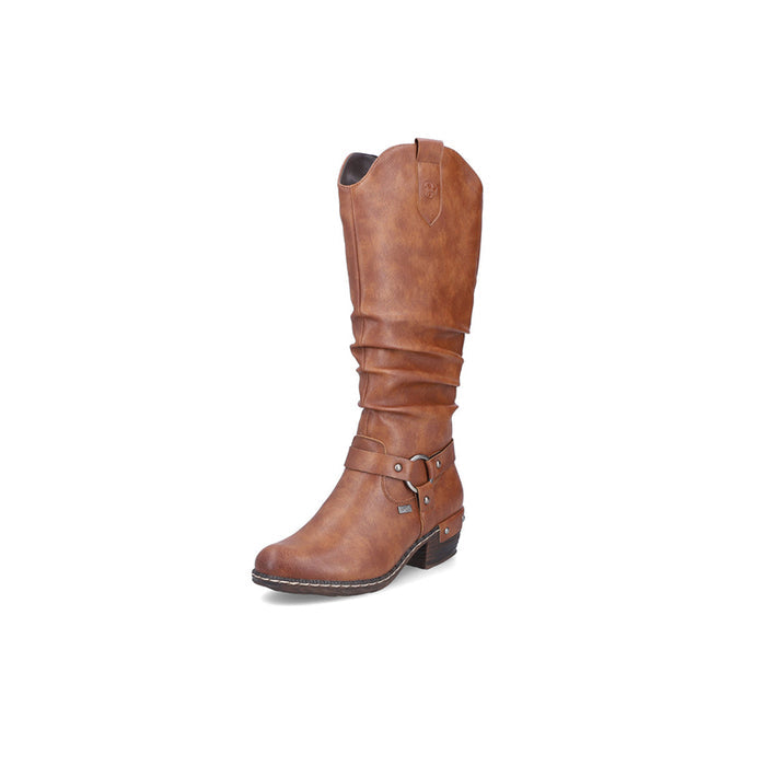 Brown mid-calf zip boots with ruched shaft and buckle strap at top