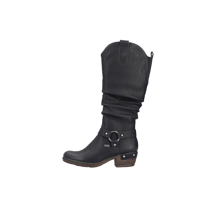 Black mid-calf zip boots with ruched shaft and buckle strap detail