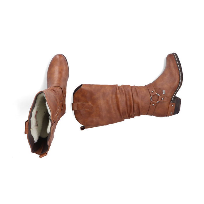 Brown mid-calf zip boots with buckle strap and open heel view