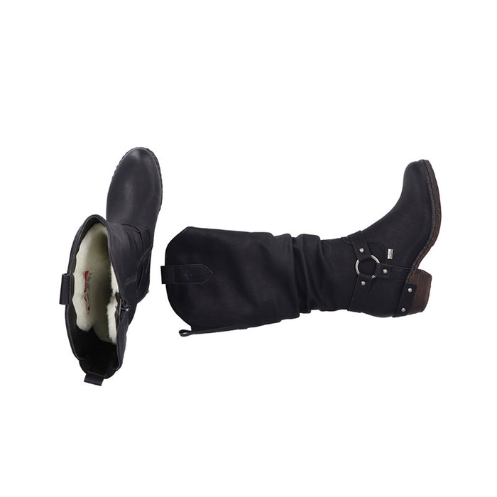 Black mid-calf zip boots with buckle strap and open heel view