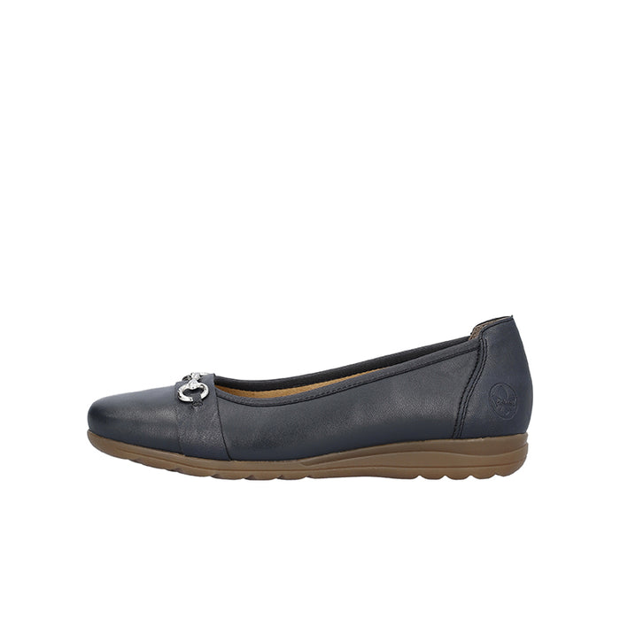 Dark blue slip-on flat pumps with decorative metal buckle and cushioned sole