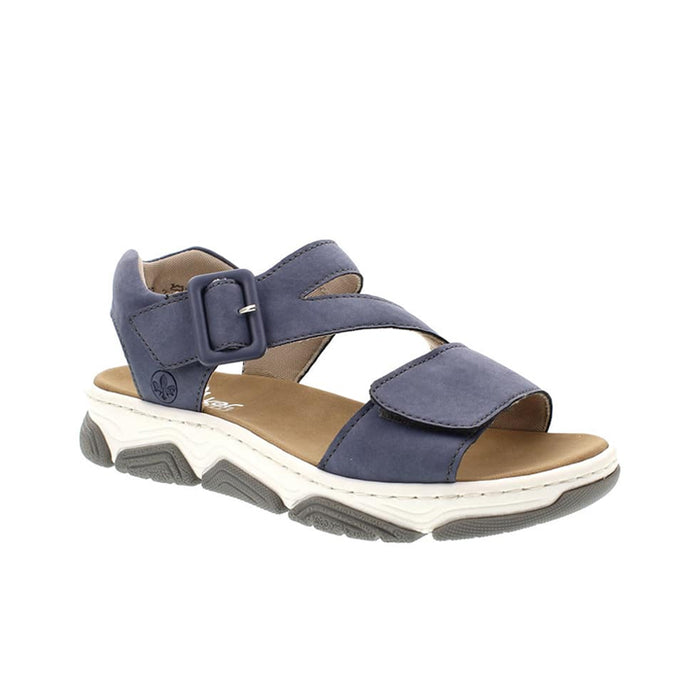 Women's blue sandals with adjustable buckle and cushioned white sole