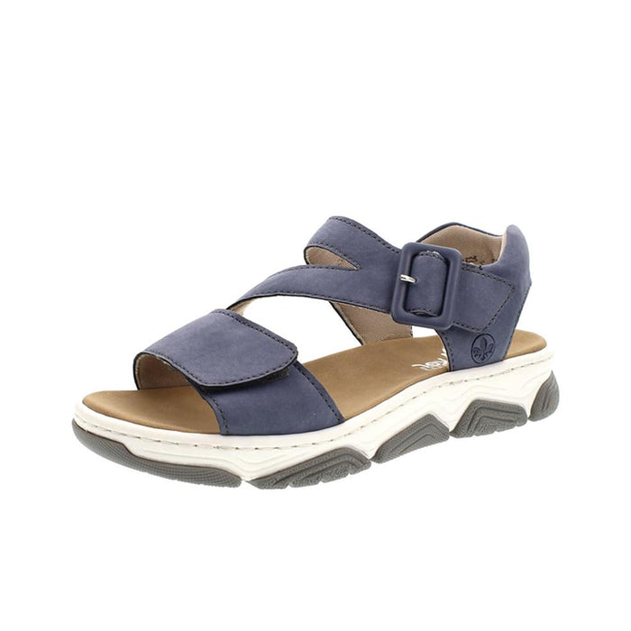Women's blue sandals with two wide straps, adjustable buckle, chunky sole