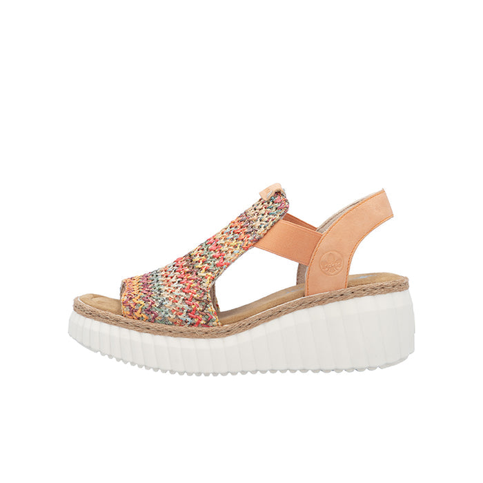 Tan platform sandals with multicolor knit toe strap and white textured sole