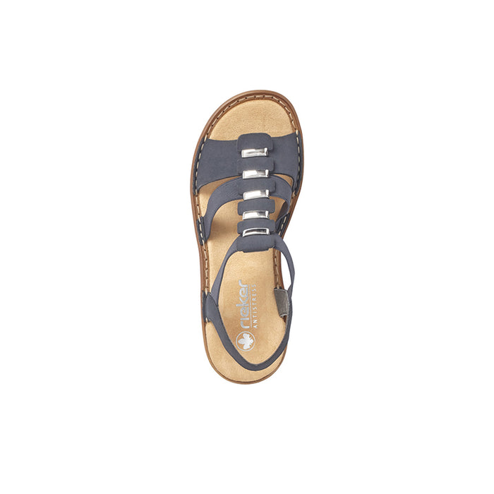 Women's blue sandal footbed view with three adjustable buckle straps