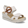 Women’s buckle sandals, white straps with tan buckle, cushioned wedge sole